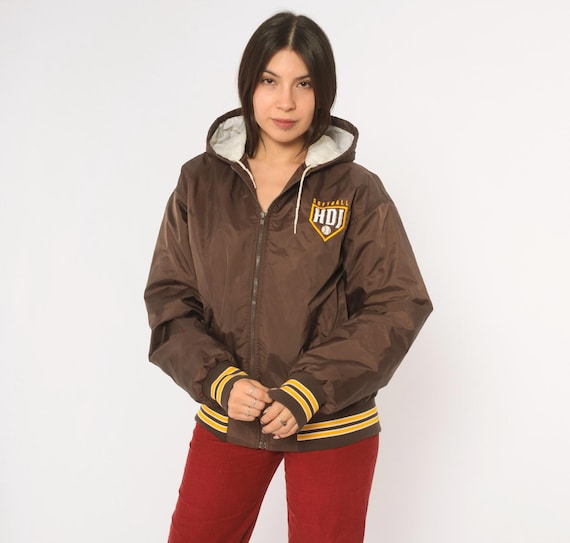 90s Softball Bomber Jacket Brown Hooded Varsity Coat Embroidered Patch Gold White Stripe Rib Trim Sporty Athletic Gorpcore Game Medium M