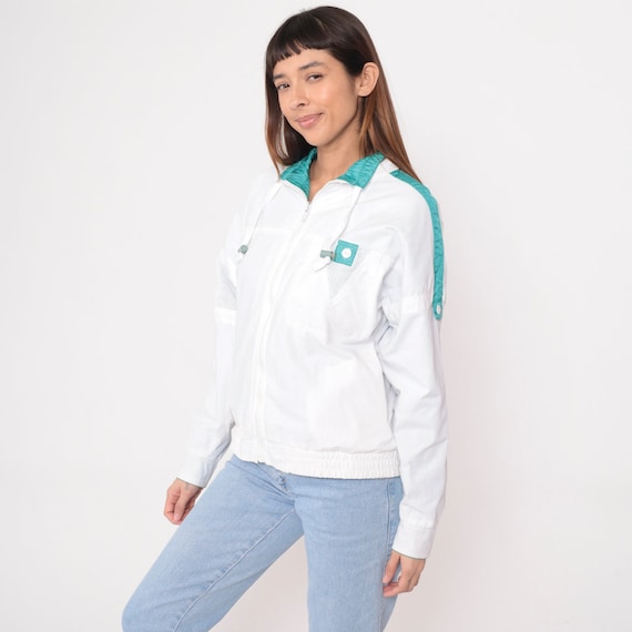 90s Reversible Windbreaker White Turquoise Green Up Jacket Retro Sports Coat Drawstring Neckline Streetwear Vintage 1990s Medium