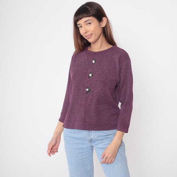 Purple Button Sweater 90s Cotton Crew Neck Three Quarter Sleeve Vintage Pearl Faux Buttons Casual Grunge Alternative Layering Medium M 8