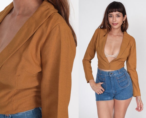 60s V Neck Blazer Brown Cropped Jacket Retro Deep V Neckline Plunge Professor Preppy Basic Plain Plunging Vintage 1960s Extra Small xs