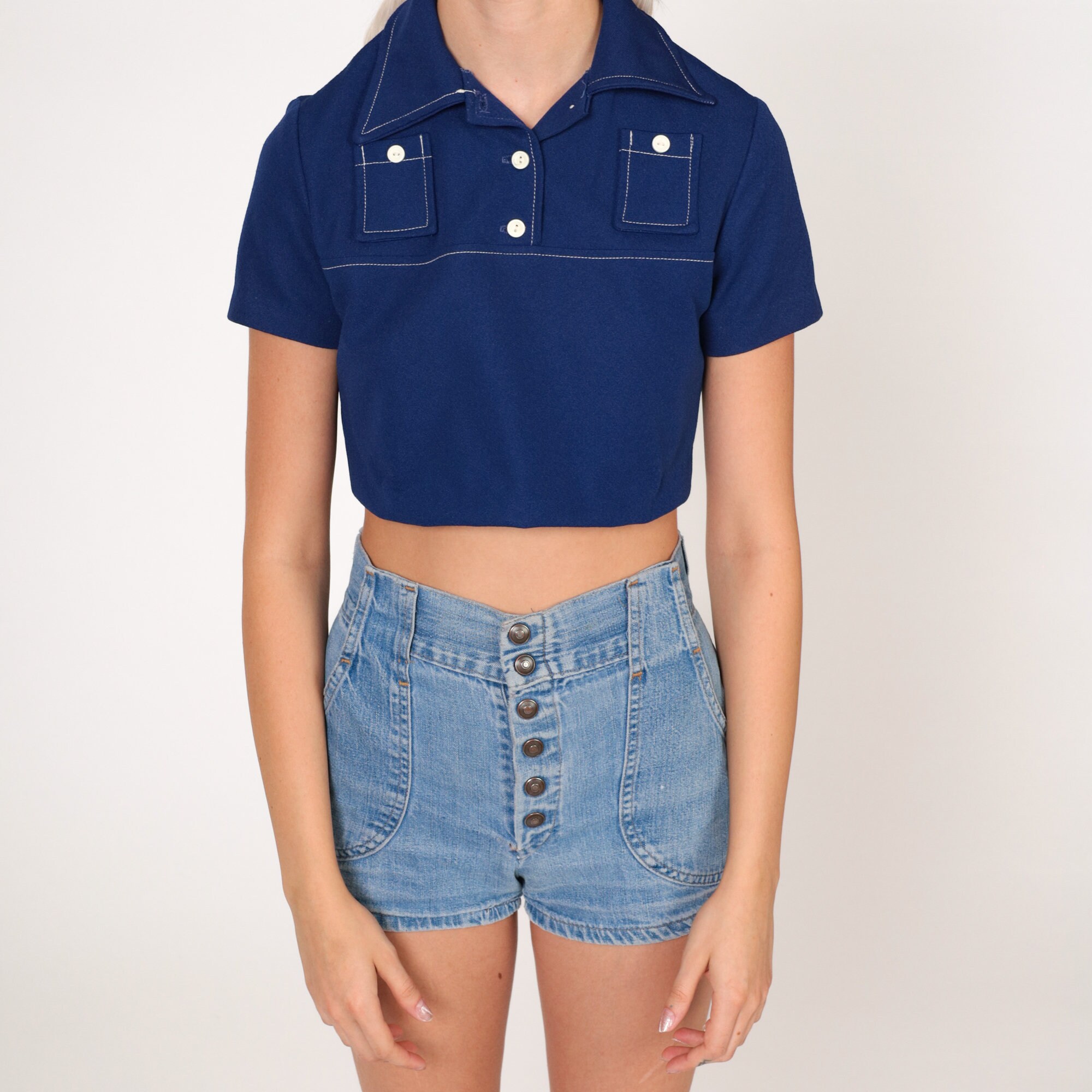 Navy Blue Crop Top 70s Cropped Polo Shirt Short Sleeve Collared Blouse ...