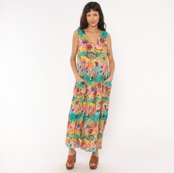 Y2K Psychedelic Floral Dress Bila Sleeveless V Neck Tiered Button Front Pink Teal Yellow Tropical Flower Sundress Summer Prairie Medium M