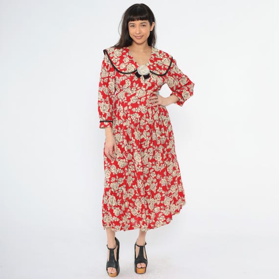 Vintage Red Floral Dress 80s Lanz Puritan Collar Cream Rose Print Long Sleeve Basque Waist Midi Bow Trim 1980s Cottagecore Romantic Large L