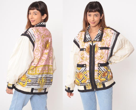 Celestial Baroque Windbreaker Pink Gold Sun 90s Scarf Print Bomber Jacket Full Zip Cream Sleeves Vintage Track Jacket Streetwear Large L