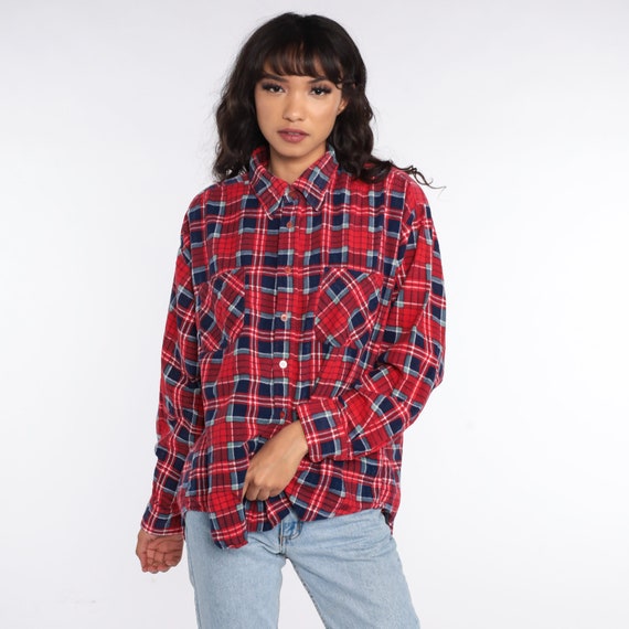 80s Plaid Shirt Red Flannel Shirt Blue Grunge But… - image 3