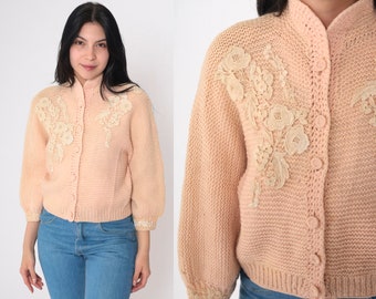 60s Floral Cardigan Pink Wool Button up Knit Sweater Beaded Lace Flower Applique Grandma Retro Girly Preppy Knitwear Vintage 1960s Small S