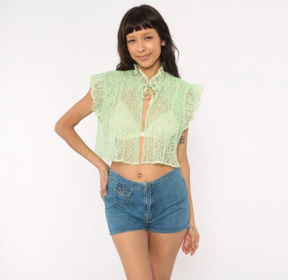 Mint Lace Crop Top 70s Sheer Floral Blouse Ruffle Sleeve Ribbon Coquette Fairy Victorian Prairie Lime Green Cropped Shirt Vintage Small S