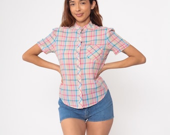 Tan Checkered Blouse 80s Button Up Shirt Pink Purple Blue Plaid Print Retro Preppy Short Sleeve Collared Top Vintage 1980s Small S