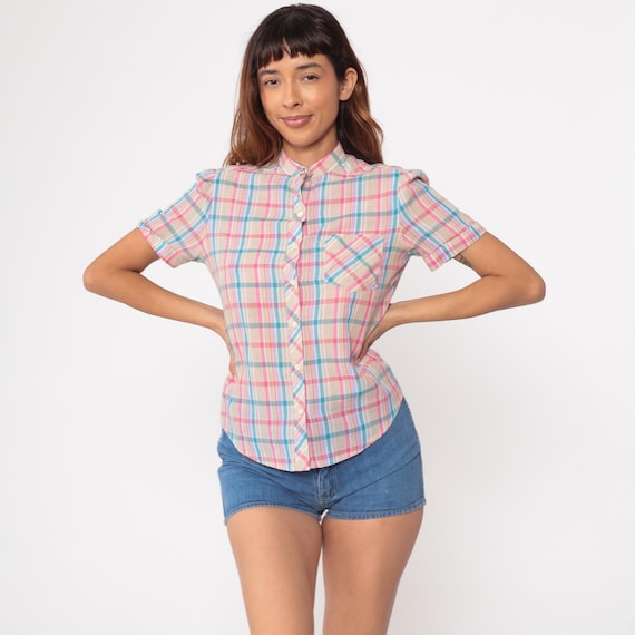 Tan Checkered Blouse 80s Button Up Shirt Pink Purple Blue Plaid Print Retro Preppy Short Sleeve Collared Top Vintage 1980s Small S