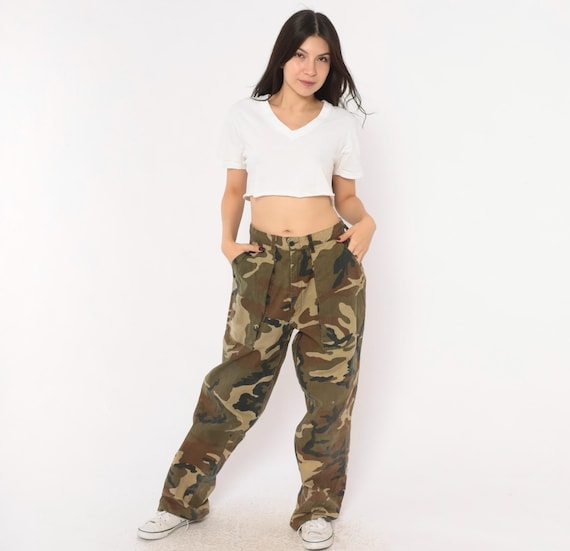 90s Camo Pants Olive Cotton Camouflage Baggy Wide Leg Military Trousers Brown Tan Army Green Utility High Waist Combat Vintage Medium M