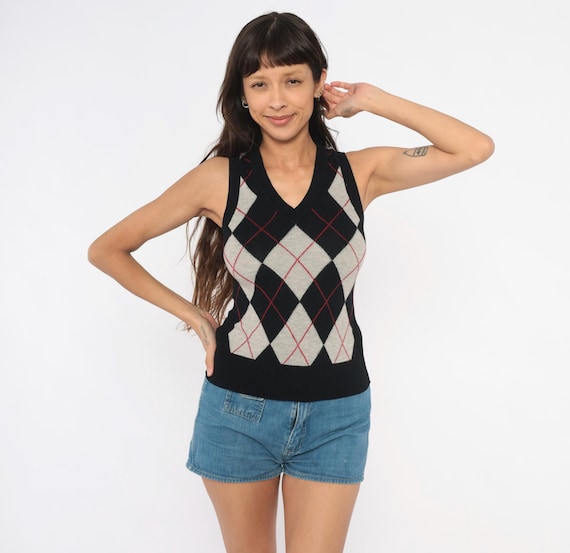 Argyle Sweater Vest 2000s V Neck Knit Top Black Grey Red Diamond Pattern Pullover Preppy Collegiate Academic Waistcoat Fitted Extra Small XS