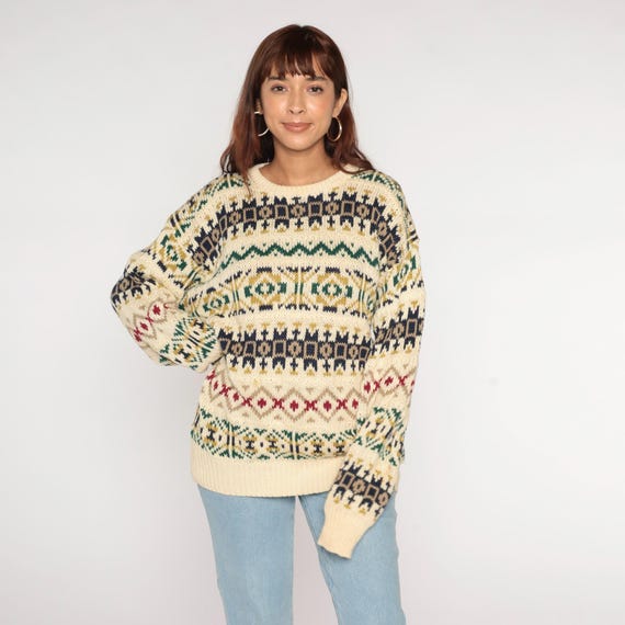 Vintage Fair Isle Sweater 90s Cream Geometric Striped Pullover Sweater Knit Cotton Ramie Crewneck Green Yellow Blue Jacquard 1990s Large L