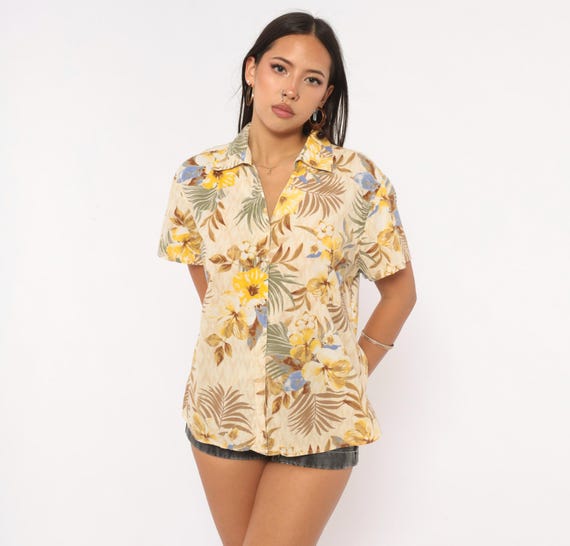 Hawaiian Tropical Shirt 2000s Floral Button Front Cream Yellow Palm Leaf Camp Collar Blouse Aloha Island Beach Vacation Summer Top Large L