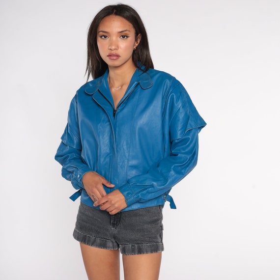 Blue Leather Jacket 90s Sleek Moto Jacket Layered Sleeve Biker Motorcycle Jacket Retro Simple Rocker Zip Up Vintage 1990s Antelope Medium M