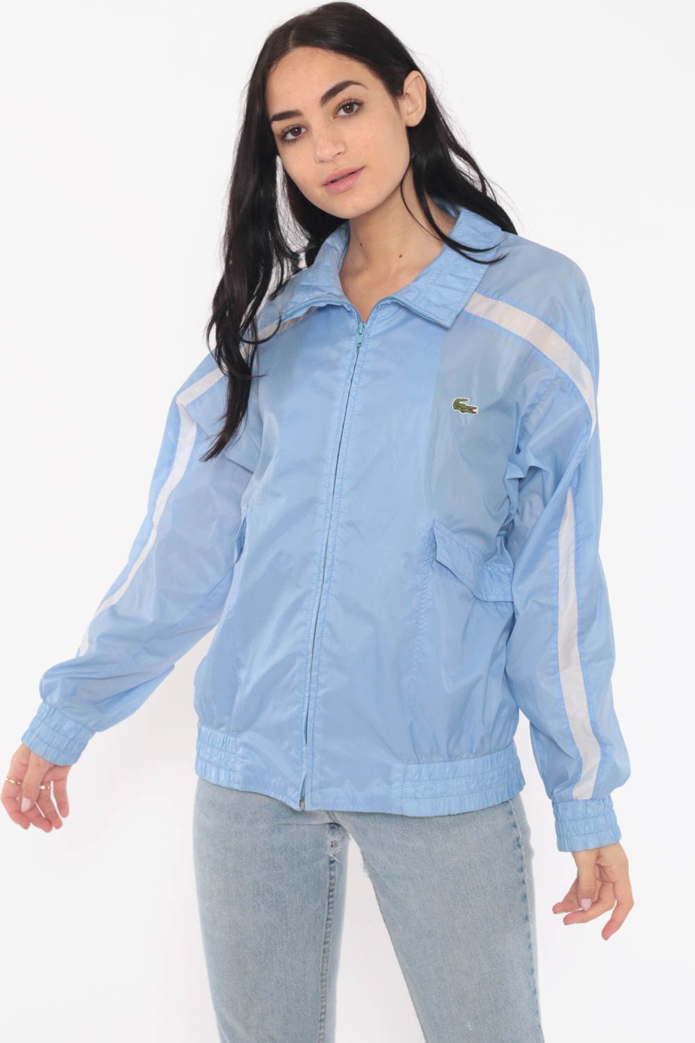 Lacoste Windbreaker Jacket 80s Baby Blue Striped Jacket Crocodile Coat Vintage 1980s Wind 