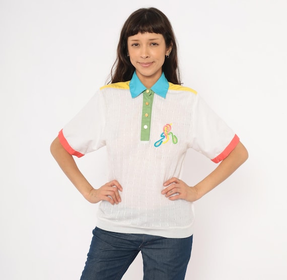80s Colorblock Polo Cable Knit Top Embroidered Blouse Turquoise Collar Yellow Coral Cuff Green Multicolor Shirt Preppy Collegiate Medium M