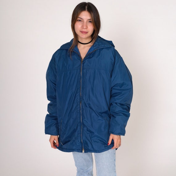 Hooded Ski Jacket 80s Blue Down Fill Puffer Jacket Zip Up Winter Puffy Coat Retro Basic Plain Skiwear Hood Puff Vintage 1980s Mens Large L