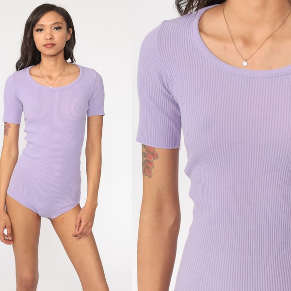 Lavender Bodysuit Top 70s Bodysuit Tshirt Purple Tight Blouse 1970s Short Sleeve Vintage Plain Retro One Piece Small Medium