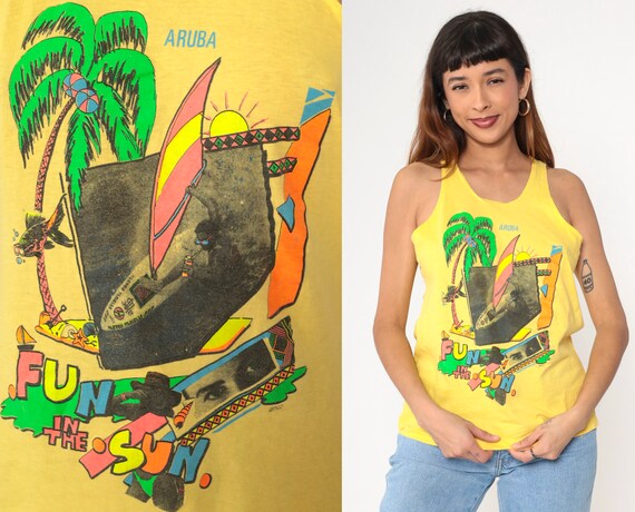 80s Aruba Tank Top Yellow Windsurfing Fun In The Sun Caribbean Islands Shirt Graphic Tank Top 90s Vintage Tropical Palm Tree Small S