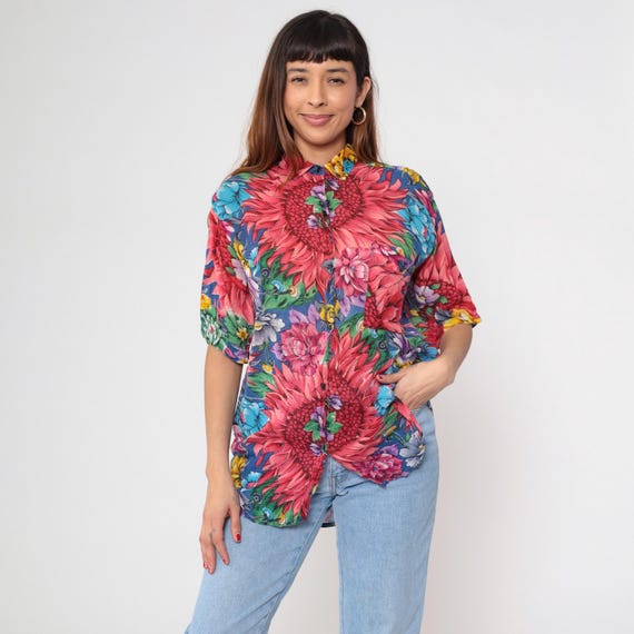 90s Floral Shirt Cotton Mandarin Collar Tunic Hip Length Pink Blue Yellow Purple Dahlia Print Cottagecore Summer Blouse Tropical Large L