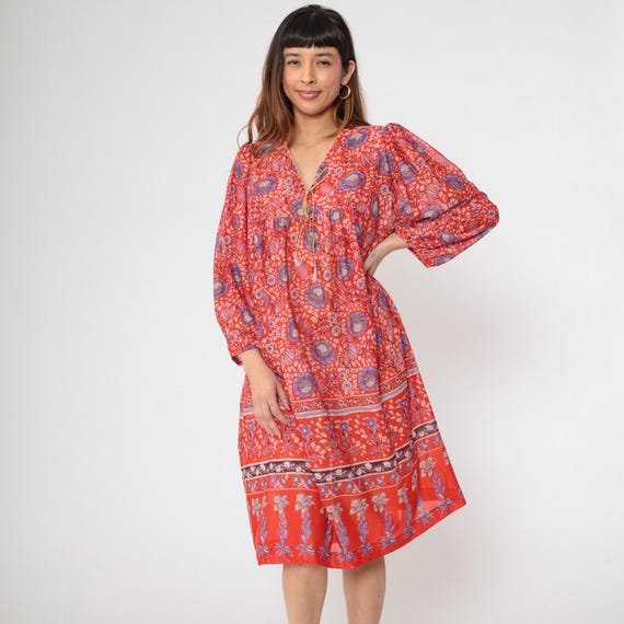 70s Sheer Dress Bohemian Summer Red Purple Floral Print JC Penney Fashions Lightweight Midi Peasant Style Vintage Day Dress Small Large
