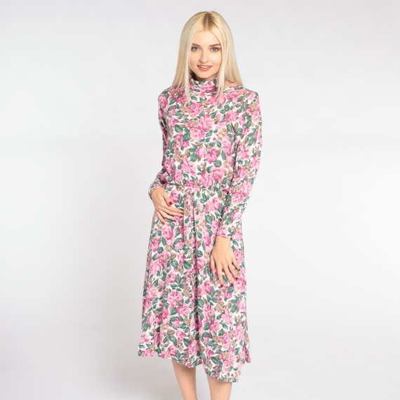 Floral Day Dress 90s Midi Dress White Mock Neck Long Sleeve Flower Rose Print Dress High Waisted Modest Pink Vintage 1990s Medium 8
