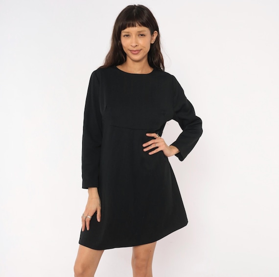 70s Gothic Mod Dresss Black A Line Dress Long Sleeve Round Neck Back Zip Closure Shift Empire Waist Minimalist Vintage Whimsigoth Large L
