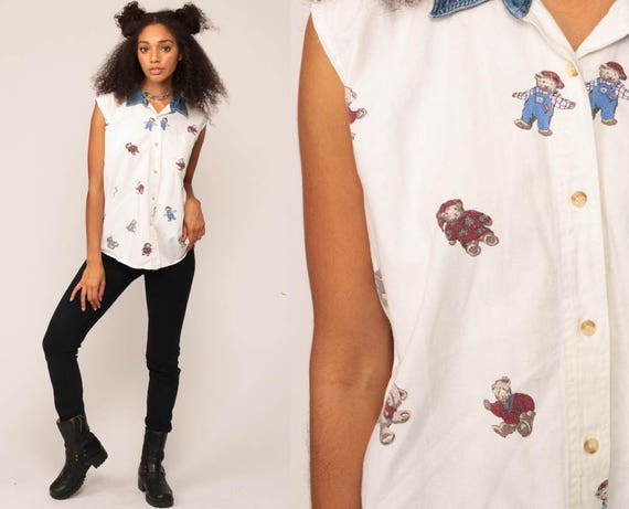 Teddy Bear Shirt Denim Collar Blouse 90s Button Down up Jean Grunge White Top 1990s Vintage Sleeveless Retro Large