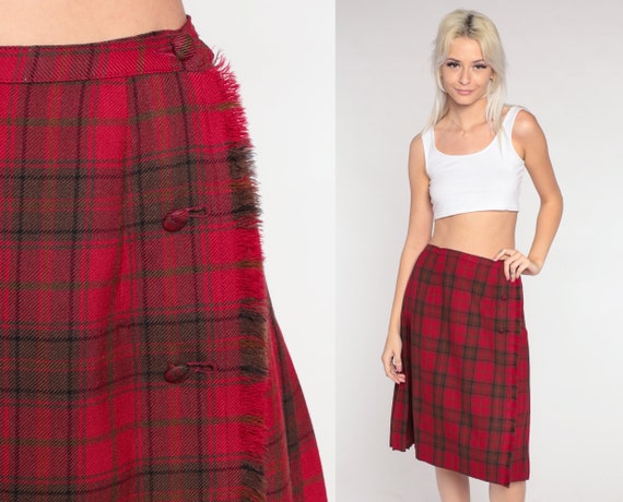 Plaid Midi Skirt 70s Red Wool Skirt Pleated Scottish Tartan High Waisted Brown Preppy Checkered Retro Vintage 1970s Small S