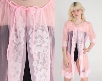 Pink Robe Lingerie Jacket 70s Pastel Sheer LACE Kimono Robe Lingerie Nylon Chiffon Romantic 1970s Vintage Medium Large
