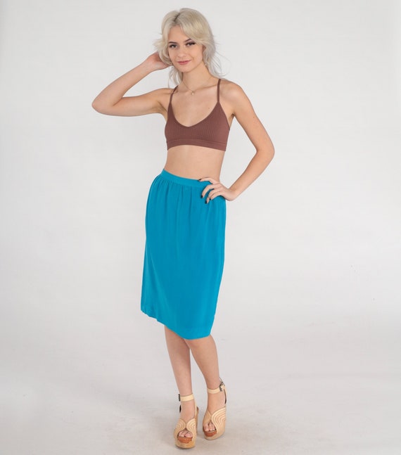Blue Silk Skirt 80s Midi Skirt High Waisted Retro Simple Plain Secretary Skirt Minimalist Chic Knee Length Vintage 1980s Extra Small xs