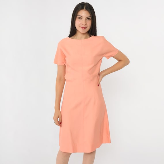 60s Peach Pink Sheath Dress Cocktail Party Mad Men Mini Retro Short Sleeve Fitted Vintage 1960s Classic Mod Plain Small S