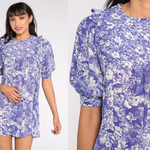 Hawaiian Tent Dress 70s Mini Floral Purple Dress Flowy Hippie Boho Tropical Vintage Puff Sleeve Dress Bohemian Small Medium