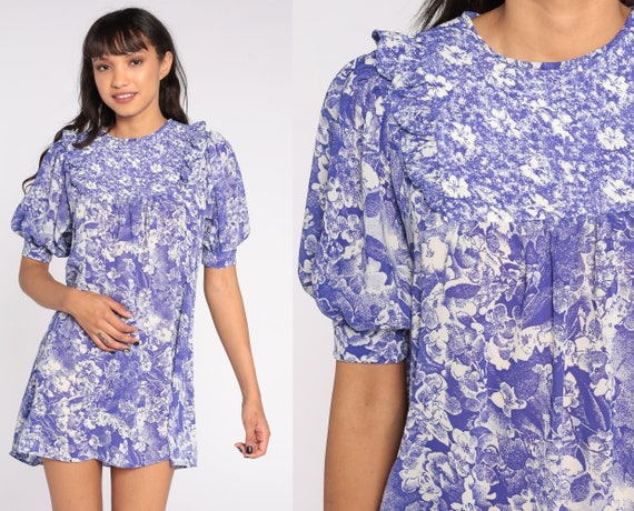 Hawaiian Tent Dress 70s Mini Floral Purple Dress Flowy Hippie Boho Tropical Vintage Puff Sleeve Dress Bohemian Small Medium