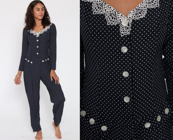 90s POLKA DOT Jumpsuit Navy Blue Jumpsuit Lace Pantsuit Vintage Tapered Romper Pants 1990s Grunge Long Sleeve Button Up Vintage Retro Small