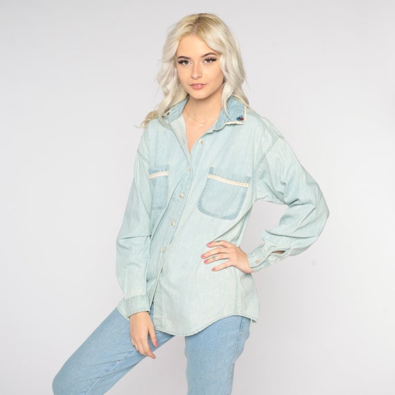 Lace Trim Chambray Shirt 90s Blue Button Up Shirt Retro Boho Rosette Light Denim Top Girly Long Sleeve Collared Blouse Vintage 1990s Small S
