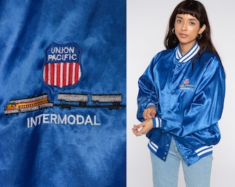 Union Pacific Railway Jacket Blue Train Baseball Jacket 80s Satin Bomber Jacket Shiny Varsity Jacket 1980s Snap Up Streetwear Extra Large xl