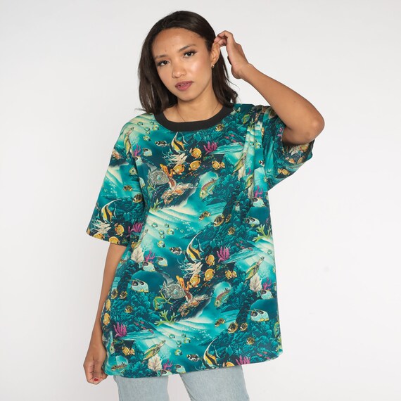 Tropical Fish Shirt Under The Sea Tshirt 90s Sea Turtle Shirt Travel Graphic T Shirt Vintage 1990s All Over Print Shirt Blue Extra Large xl