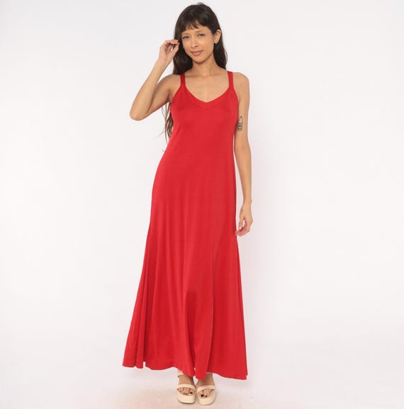 70s Red Maxi Dress Sleeveless V Neck Slip Crimson Gown Scarlet Flared Skirt Summer Sundress Cherry Strappy Tank Vintage Tomato Girl Medium M