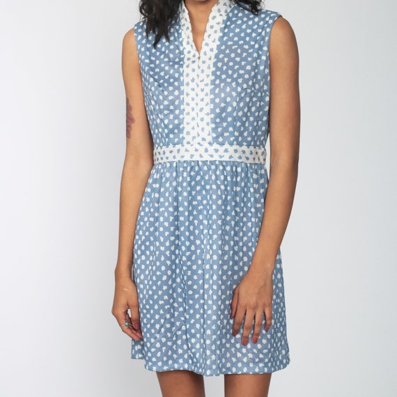 Babydoll Dress 70s Mod Mini POLKA DOT Dress Empire Waist 1970s Vintage Blue White Gogo Sixties Twiggy Sleeveless Dress V Neck Medium