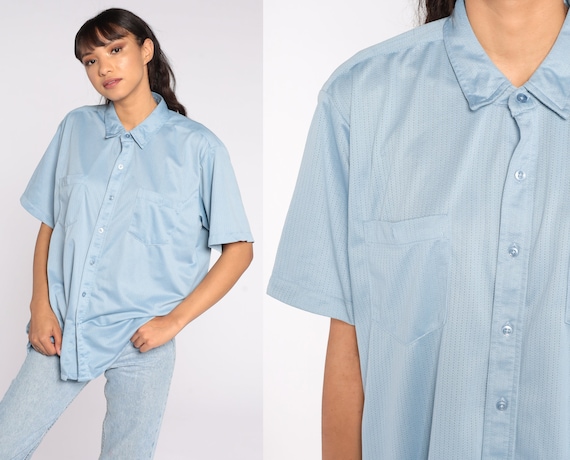 Blue Button Up Shirt 70s Oxford Shirt Hippie Boho 1970s Shirt Disco Top Vintage Collared Plain Short Sleeve Men's Large L