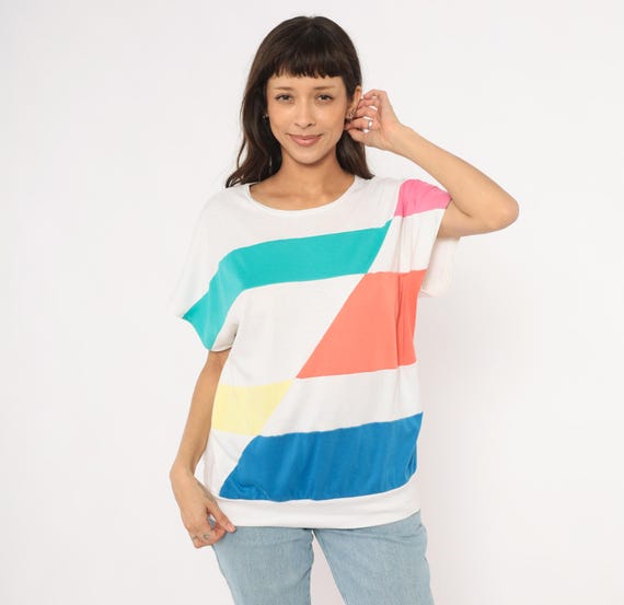 80s Color Block Tee Geometric Patchwork Cotton Teal Coral Pink Yellow Blue White New Wave Abstract Colorful Shirt Eccentric Vintage Large L