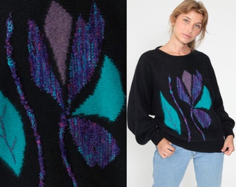 Floral Angora Sweater 80s Black Sweater Dolman Sleeve Sweater Graphic Print Knit Slouchy Pullover Sweater Vintage Jumper Medium Large