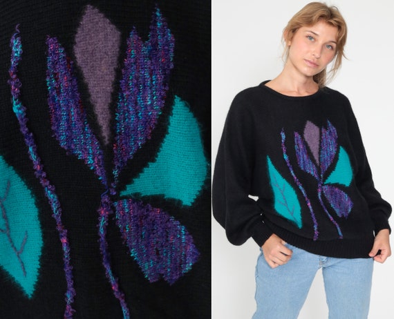 Floral Angora Sweater 80s Black Sweater Dolman Sleeve Sweater Graphic Print Knit Slouchy Pullover Sweater Vintage Jumper Medium Large