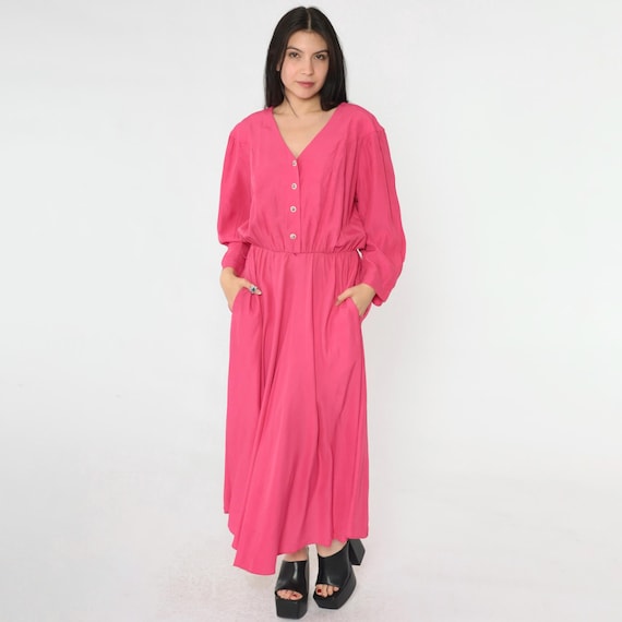 Vintage Hot Pink Dress 80s Button Up Midi Dress Shirtdress Plain Long sleeve High Waisted Dress Secretary Dress Solid Blouson V Neck Large L