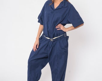 70s Coveralls Dark Blue Walls Utility Boilersuit Boiler Suit Vintage Straight Leg Jumpsuit Short Sleeve 1970s Workwear Zip Up Men's 50 R