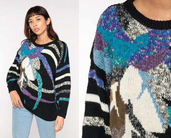80s Statement Sweater Black Striped Abstract Multicolor Leaf Print 1980s Knit Jumper Pullover Psychedelic Sweater Vintage Knitwear Large L