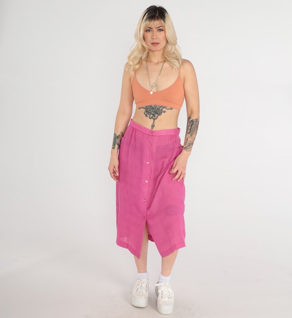 Vintage Pink Button Up Skirt 80s Midi Skirt Sheer Summer Boho HIGH WAISTED 1980s Skirt Hippie Festival Pocket Skirt Plain Medium