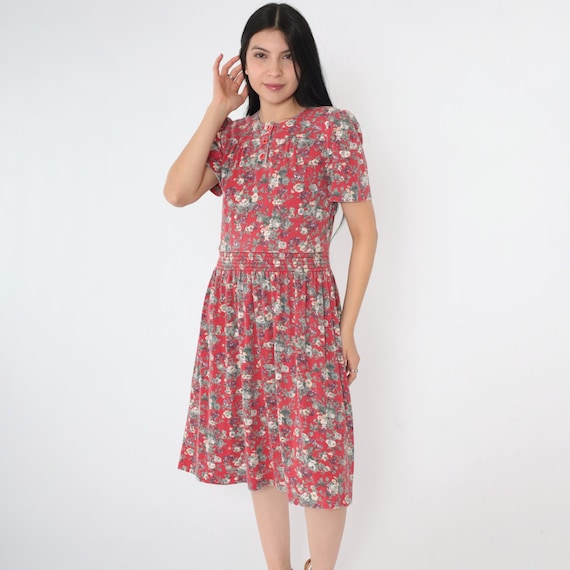 80s Red Floral Dress Puff Sleeve Midi Day Dress Smocked Waist Knee Length Casual Summer Dress High Waisted Vintage 1980s Extra Small xs