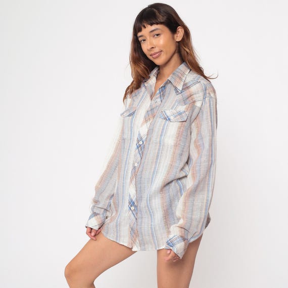 Western Plaid Shirt 70s Vintage Kennington Pastel Blue Peach Pearl Snap Button Up Cowboy Rodeo Yoke Lightweight Cotton Blend Extra Large XL